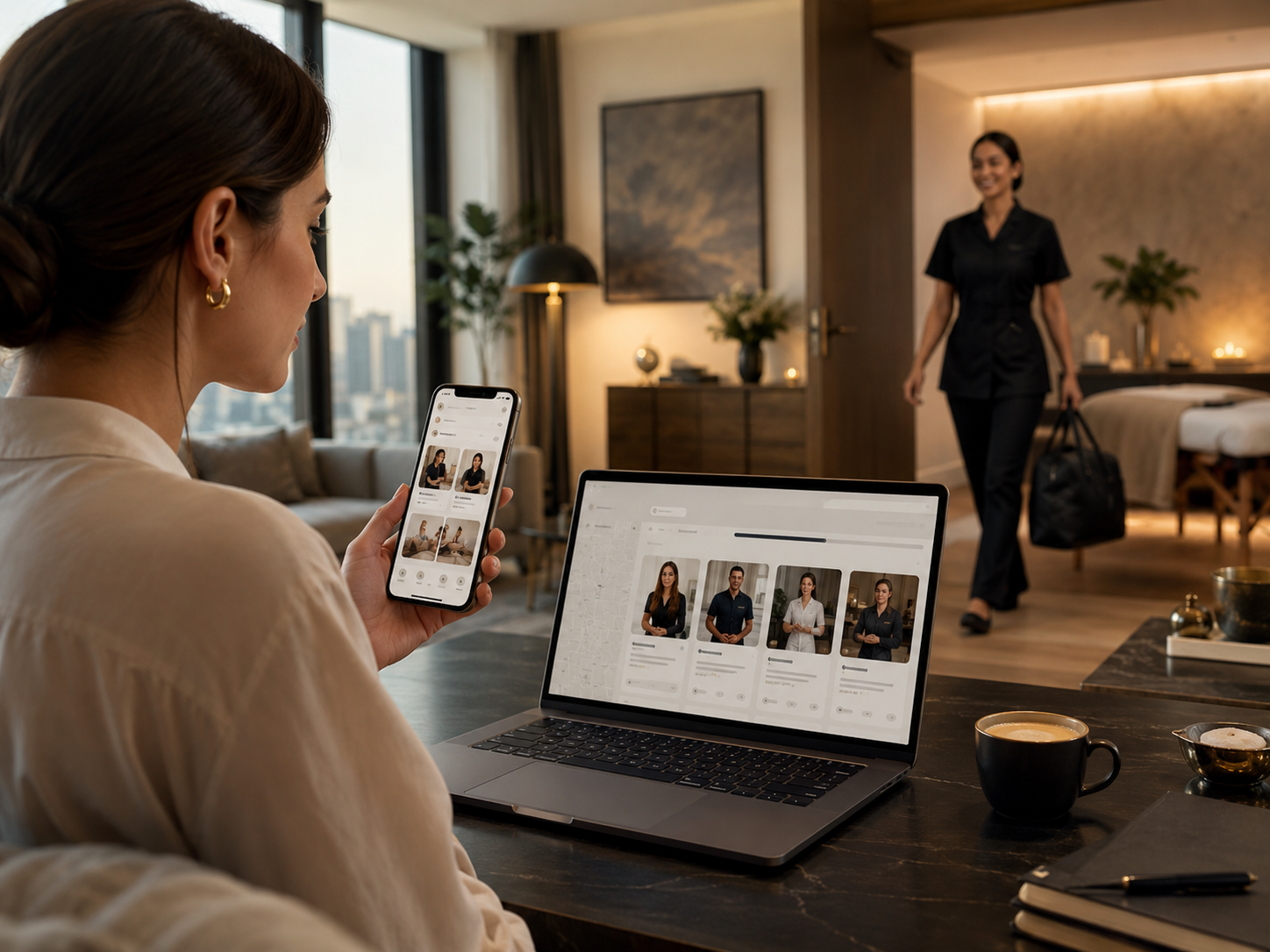 Customer booking a mobile home service appointment on a laptop and phone