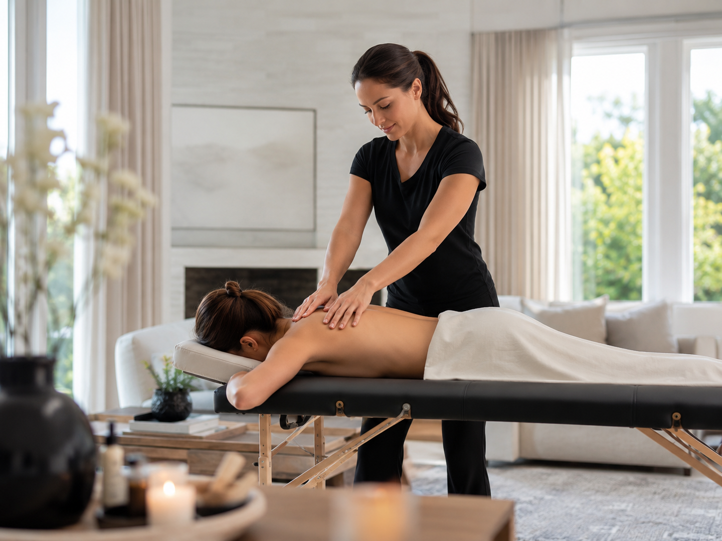 Professional mobile massage session in a bright living room